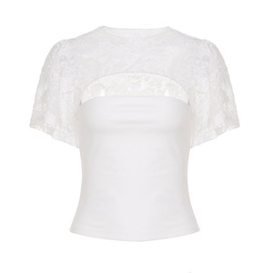 Blusa Elegante y Transpirable de Punto Sólido para Mujer, Manga Corta, Encaje, Estampado Digital, Diseño Hueco, Manga Abullonada - Product Image 6