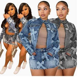 Kadın 2025 Y2K Set uzun kollu nakış ceket ve kısa püskül kot Denim etek yıl-yuvarlak kıyafetler için - Product Image 1