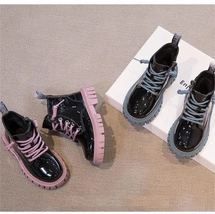 Cute popular children PU purple blue boots flat platform lace up ankle martin boots for girls