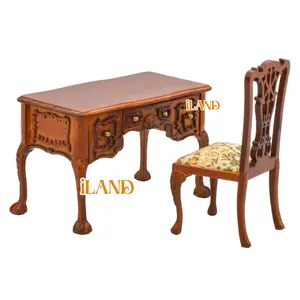 iLAND Rococo Dollhouse Furniture on 1:12 scale, Collectibles Wooden Miniature Furniture, Carved Mini Desk & Chair