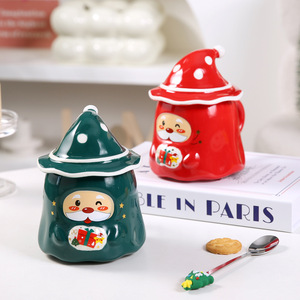 Ly cà phê gốm sứ hình ông già Noel vẽ tay, hộp quà Giáng sinh, họa tiết hoạt hình, kèm nắp hình mũ và thìa - Product Image 4