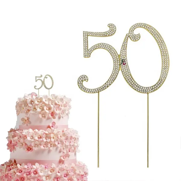 Handgemaakte 50th Nummer Rhinestone Crystal Gold/Zilveren Kleur Anniversary Verjaardagscadeau Decoratie Cake Topper