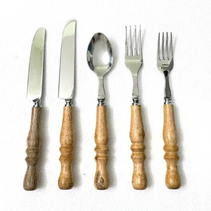 Ensemble de couverts écologiques en bois et acier inoxydable durable, vaisselle de table, ustensiles de cuisine, au meilleur prix - Product Image 1