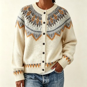 Cárdigan de punto para mujer, mezcla de lana de alpaca, con botones, cuello redondo, manga larga, diseño Fair Isle - Product Image 3