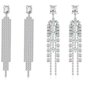 Luxury Platinum Plated Full Diamond Cubic Zircon Long Earring Drop Party Wedding Chandelier Earrings Jewelry For Women