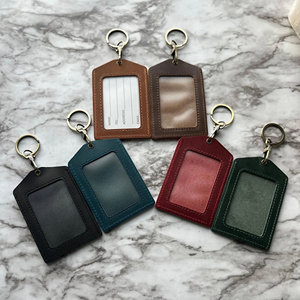 Porte-cartes d'identité en cuir véritable de luxe avec porte-clés, étui personnalisé pour cartes avec fenêtre transparente pour hommes et femmes, porte-cartes de crédit avec anneau porte-clés - Product Image 1