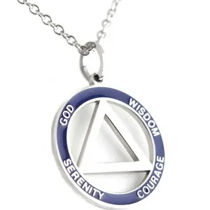 Yiwu Aceon Stainless Steel Blue Enamel Washer Center Triangle Embossed Spirirutal Words Step Recovery Symbol Pendant