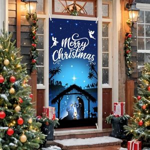 Banderas colgantes personalizables para puerta y ventana con diseño de Nacimiento de Jesús, azules, para fiestas navideñas <span class=keywords><strong>en</strong></span> el hogar, con la frase 'Joy to the World'. - Product Image 2