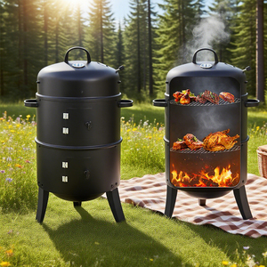 Barbecue moderne au charbon <span class=keywords><strong>de</strong></span> bois - Fumoir rond <span class=keywords><strong>de</strong></span> style baril - Four à fumage lent pour viandes fumées à la américaine - Utilisation en plein air et en camping - Product Image 4