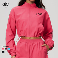 Veste de sport légère et respirante à col montant, style color-block, séchage rapide, coupe ample, décontractée, style crop-top, avec fermeture éclair, pour la gym