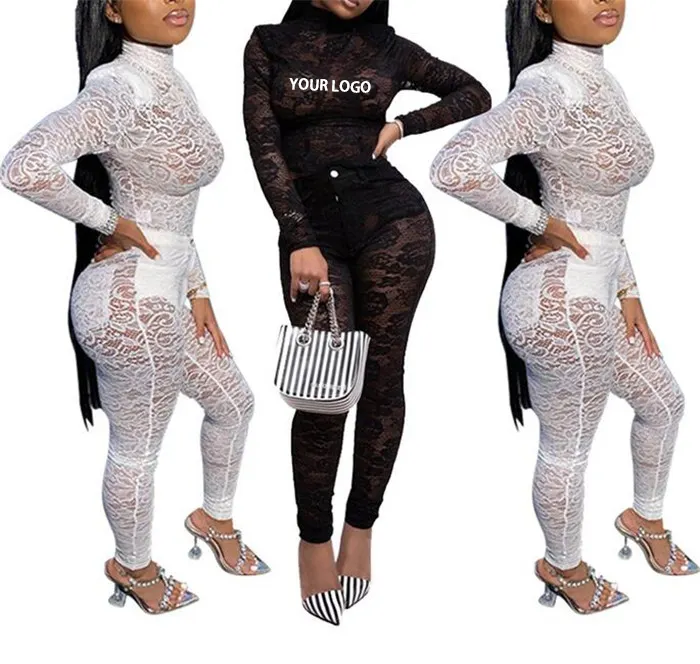 Spring clothes 2022 sexy club outfit long sleeve pocket Turtleneck fishnet lace 2 piece set women designer see through pants set