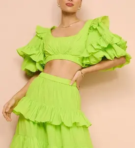 2024 Latest Designs Ruffled Gathering Elegant Women 2 -piece Set Off Shoulder Tube Top Layered Skirt 2 Piece Resort Set