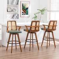 Tabouret de bar pivotant en rotin vert style Mid-Century, chaise de comptoir en bois courbé avec accoudoirs en cuir pour la maison et la cuisine