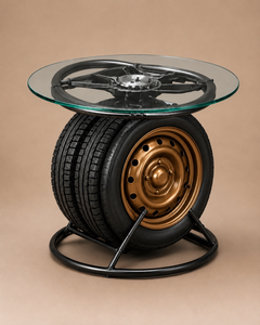 Industrial Tyre Wheel <b>Coffee</b> <b>Table</b> with Round Glass Top <b>Rustic</b> Automotive Design for Living Room Lounge and Man Cave Decor - Product Image 1