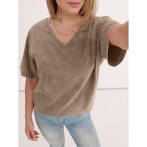 T-shirt surdimensionné à col en V pour femme FOXA, manches courtes, en coton, style vintage, décontracté, basique, respirant, en jersey, pour l'été - Product Image 2