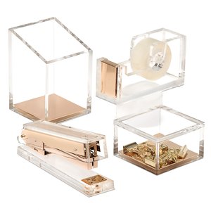 Clear Desktop Acrylic Gold Stapler Set with Stapler Tape Dispenser Pen holder Note box Remover