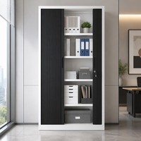 Armoire de rangement métallique à portes battantes noires avec cadre blanc, étagères et serrure pour l'organisation des dossiers et des fournitures de bureau