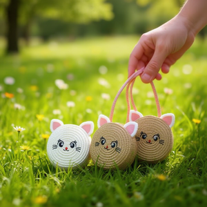 Borsa rotonda piccola in paglia intrecciata stile gatto dagli occhi aperti 12x6 cm per bambini - Product Image 2