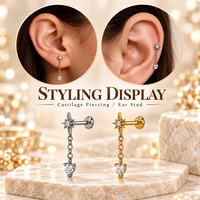 Boucle d'oreille céleste à triple chaîne en acier inoxydable 316L, clou plat pour femme, bijou d'oreille hélice étoile filante