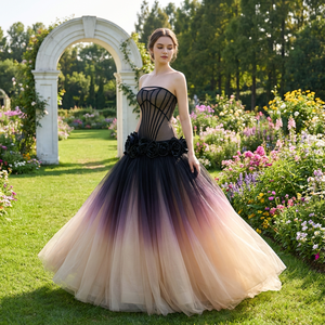 Rsm251151 Robe de Soirée en Chiffon sans Bretelles avec Dos en Dentelle, Manches Amovibles, Style Fourreau, Ornée de Fleurs 3D en Cristal et Drapées - Product Image 1