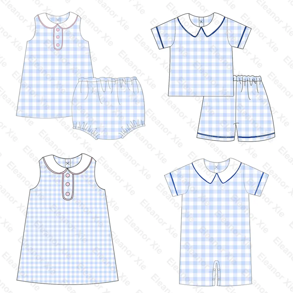 รักชาติ4th กรกฎาคมพระปรมาภิไธยย่อจับคู่สีฟ้า Gingham เด็กสองชิ้นชุดสั้นทารก Romper ชุดสำหรับสาวๆ