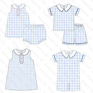 Patriotic 4th of July monogram matching blue gingham kids two piece short set baby short romper dress for girls