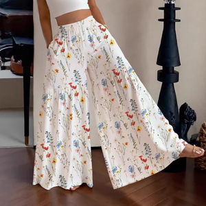 Pantalon droit décontracté pour femme, taille haute, ample, à taille élastique, fin, à jambe large, élégant, amincissant, polyvalent, motif floral féerique, Été 2026 - Product Image 1
