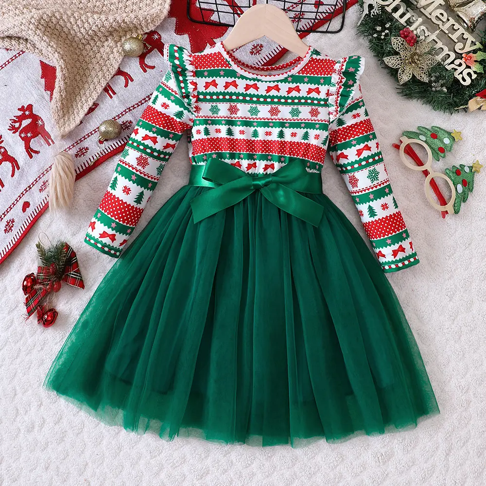 키즈 부티크 최신 디자인 사랑스러운 멋진 어린이 얇은 명주 그물 긴 소매 드레스 빨간 녹색 크리스마스 소녀 캐주얼 원피스 겨울