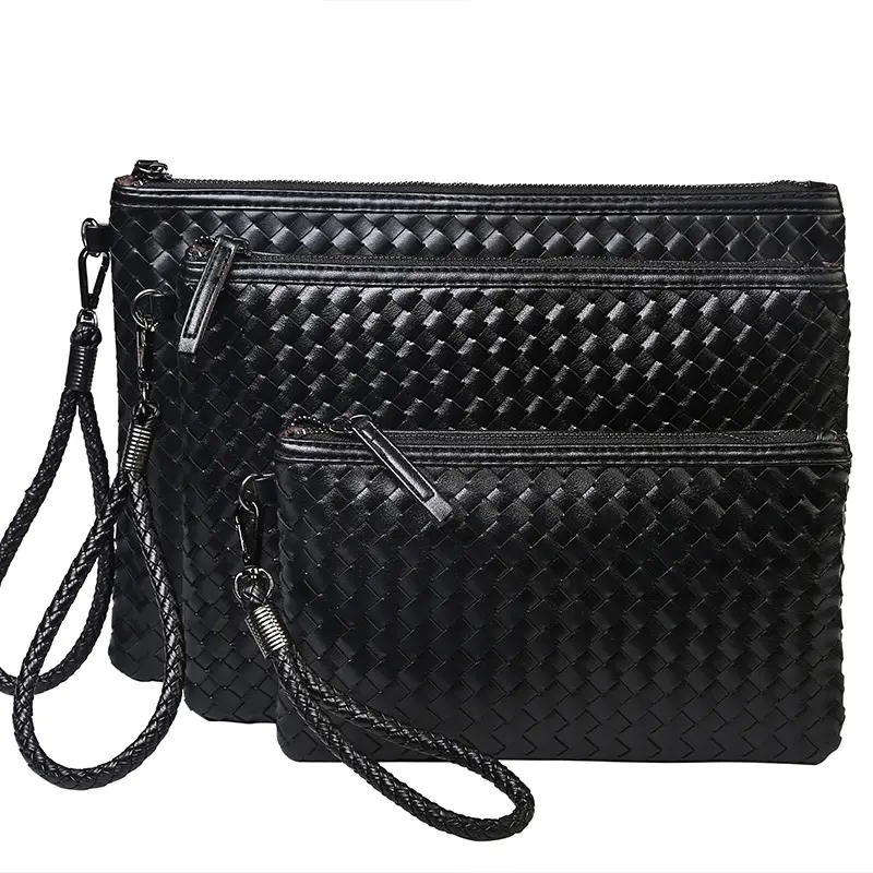 Wholesale New Braided Leather Men Clutch Wallet Soft PU Large Capacity Phone Bag Fashion Handbag Coin Purse