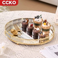 Nampan logam penyimpanan kaca hadiah rumah Hotel mewah 32CM nampan layanan teh makanan penutup kosmetik parfum perhiasan dekoratif nampan logam penyimpanan