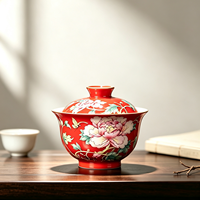 Ensemble Gaiwan en Porcelaine Rouge Vibrante de Chine de Qualité Supérieure, Motif Floral de Pivoine Traditionnel, Design Prospérité, 2 Pièces (Bol et Couvercle), Tasse à Thé Kung Fu