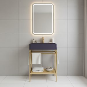 Meuble-lavabo de salle de bain 24 pouces avec vasque en céramique violet brillant, structure en métal doré, lavabo console autoportant avec miroir inclus - Product Image 2