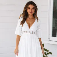 2019 महिला गहरी वी फीता तुरही आस्तीन ठोस रंग वि गर्दन सुरुचिपूर्ण सफेद पोशाक
