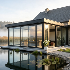 Pergola en aluminium gris foncé à <span class=keywords><strong>toit</strong></span> <span class=keywords><strong>plat</strong></span>, véranda avec mur partiel en verre, <span class=keywords><strong>toit</strong></span> à persiennes, pour jardin, abri en verre extérieur résistant aux intempéries - Product Image 2