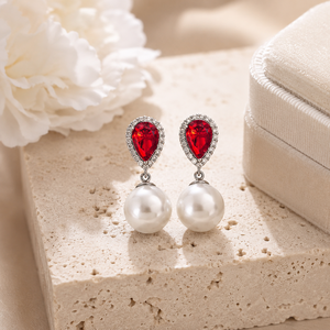 Orecchini pendenti con perle simulate e zirconi rossi per donna, eleganti gioielli per matrimoni e feste - Product Image 5