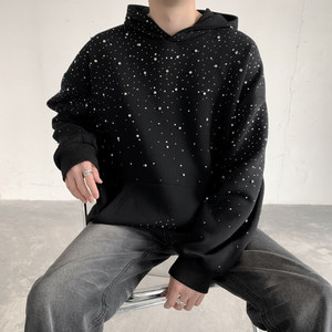Sudadera con Capucha Personalizada, Completamente Adornada con Pedrería, Moderna, Negra, con Cuentas en Relieve, 100% Algodón, Tejida, Holgada, Transpirable, para la Temporada de Invierno - Product Image 3