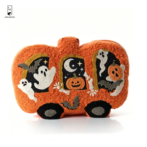 Cojín de poliéster con forma de autobús de calabazas de Halloween, con <span class=keywords><strong>fantasmas</strong></span>, murciélagos y calabazas de Jack O' Lantern bordados, diseño 3D, cojín decorativo espeluznante - Product Image 1