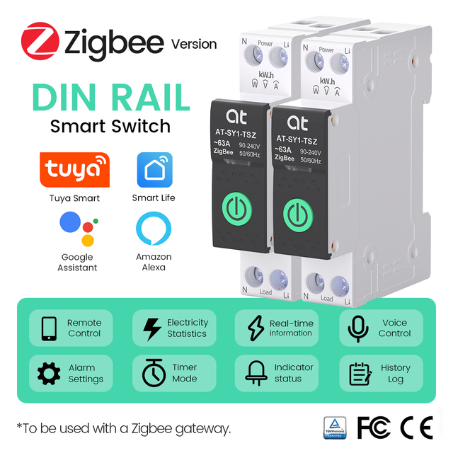 Zigbee DIN Rail Smart Switch 63A 90-240V Energy Monitoring Remote Voice Control Compatible with Tuya Smart Life
