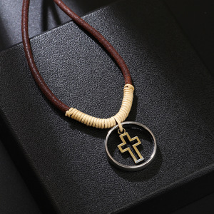 Cross Border Best Selling European American Retro Style Hollow Cross Double <b>Ring</b> Pendant Stainless Steel <b>Necklace</b> Gift - Product Image 2