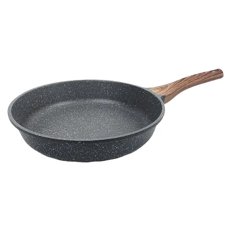 Grijs Gegoten Aluminium Inductie Bodem Houten Handvat Koekenpan Met Marmeren Non-stick Coating