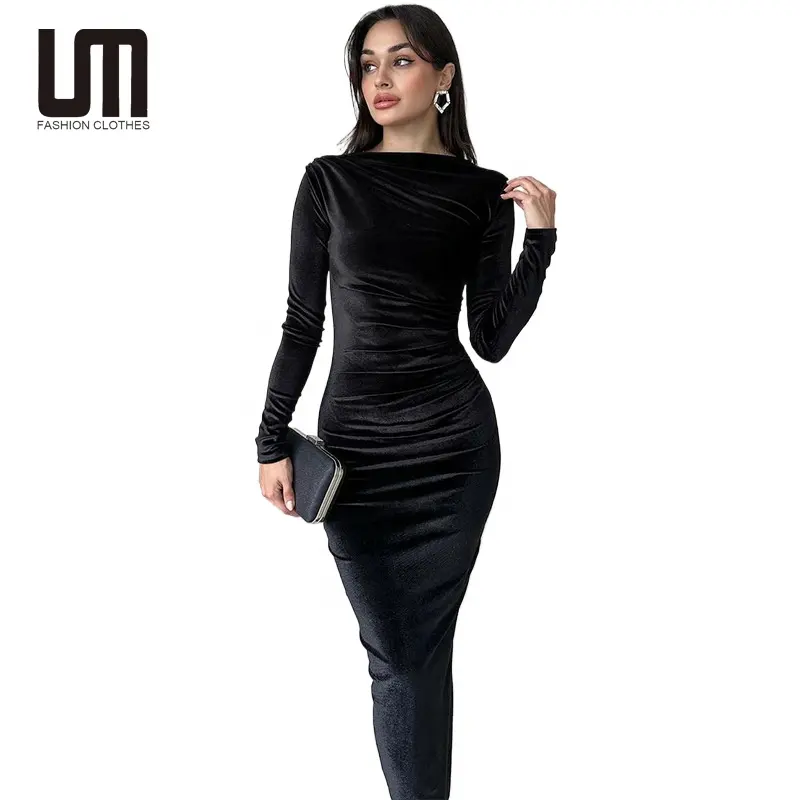 Liu Ming Vintage Fashion 2024 Women Clothes Velvet O Neck Long Sleeve Ruched Bodycon Maxi Dress