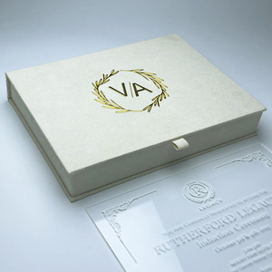 Premium Gift Ivory Suede Velvet Handmade <b>Wedding</b> Invitation <b>Box</b> Custom Monogram UV Printed <b>Card</b> Holder Chiang Mai Thailand - Product Image 1