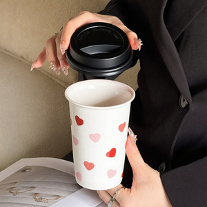 <b>Cute</b> Heart Printet Coffee Cup Striped Ceramic Travel <b>Mug</b> with Silicone Lid - Product Image 6