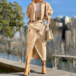Ensemble tailleur trench pour femme kaki SMLXLXXL – Style décontracté pour le travail, jupe boutonnée avec ceinture et veste – Europe, Amérique, Asie du Sud-Est - Product Image 2