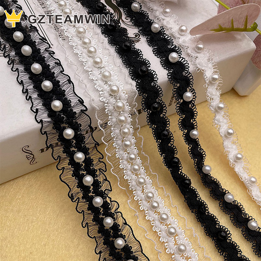 Garment Accessories White black Pearl Elastic Trim Tulle Bridal Fabric Sewing Handmade Beaded Pearl Lace