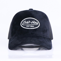 Gorra de camionero de terciopelo personalizada de malla al por mayor, gorra de camionero estructurada de 5 paneles, gorras bordadas personalizadas de alta calidad