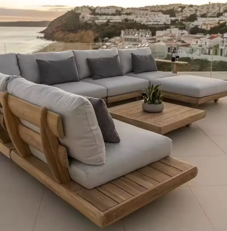 Furnitur kayu jati tahan air Modern, Sofa luar ruangan dengan bantal ruang tamu balkon taman teras Hotel