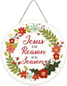 Jesus is The Reason for The Season Wood Sign Round Hanging Decoration Vintage Wall Christmas Home Window Wall Farmhouse Decor