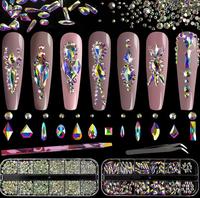 12 grilles (2 boîtes) de strass pour ongles vert émeraude multi-formes 3D SS4-SS16, diamants ronds en verre champagne, pierres précieuses en cristal à dos plat
