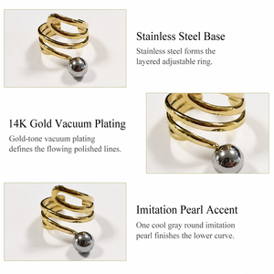 Sculptural Pearl Open <b>Ring</b> Stainless <b>Steel</b> 14K Gold Vacuum Plated Adjustable Layered Statement <b>Ring</b> 18.1 × 7.9 mm - Product Image 2